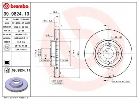 Тормозной диск вентилируемый BREMBO 09.9824.10