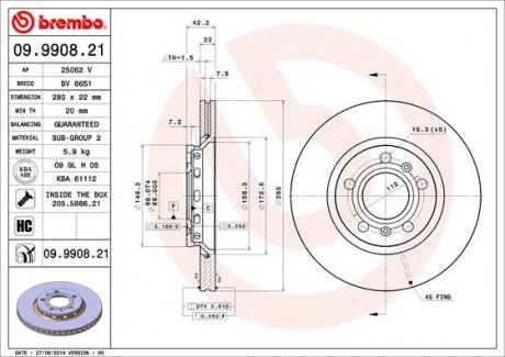 Гальмівний диск BM BREMBO 09.9908.21 (фото 1)