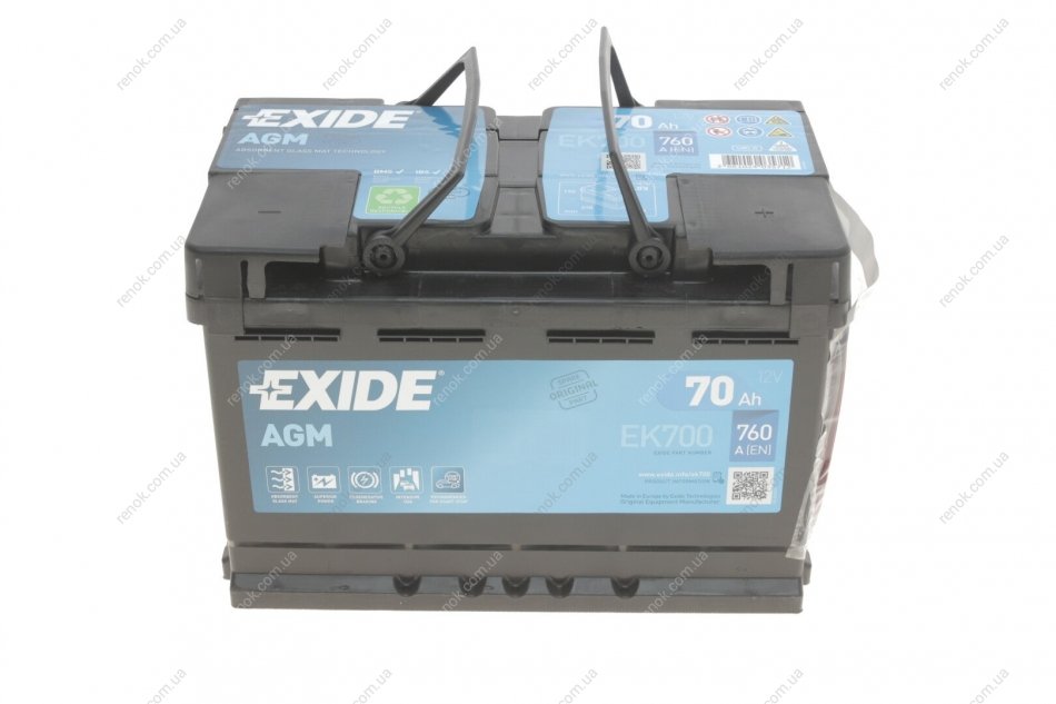 Аккумуляторная батарея 70Ah/760A (278x175x190/+R/B13) (Start-Stop AGM) EXIDE  (производства Польша) EK700 (7711424423, 244100519R, 244100011R)