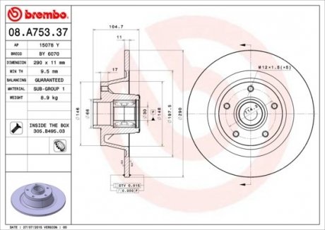 Гальмівний диск з підшипником BREMBO 08.A753.37