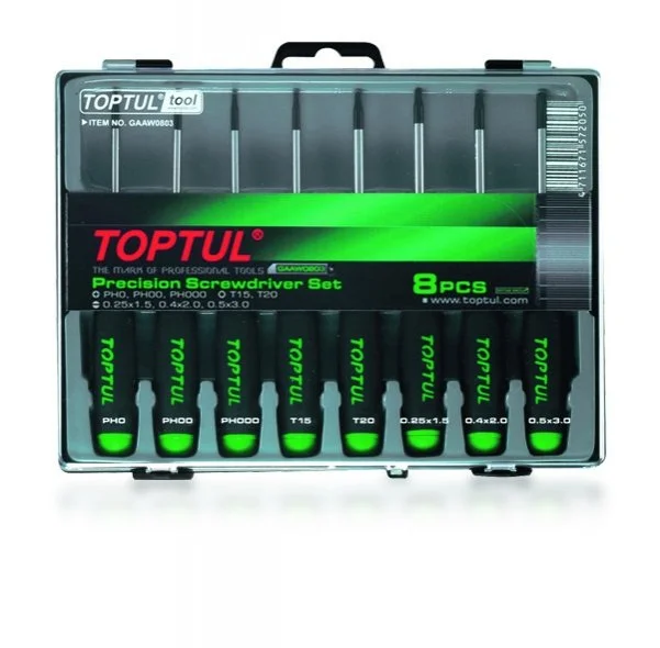 Набір інструментів 8 шт, профіль: Philips PH / TORX / плоска, 1.5x50 2x50 3x50 мм, розмір Philips: PH0 PH00 PH000, розмір ключа для гнізда E-TORX: T15, T20 TOPTUL Toptul GAAW0803 (фото 1)