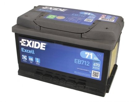 Аккумуляторная батарея 71Ah/670A (278x175x175/+R/B13) Excell EXIDE EB712