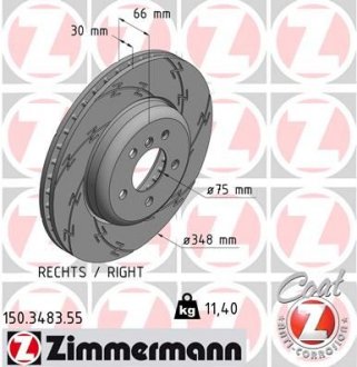 Диск тормозной (передний) BMW 5 (F10/F11)/6 (F06/F13) 09- (R) (348x30) (с покр.) (с прорезью) (вент) ZIMMERMANN 150.3483.55 (фото 1)