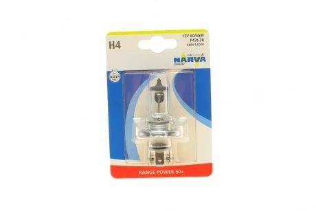 Автолампа H4 12V 60/55W P43t Range Power 50+ (блістер/1шт) NARVA 488614000