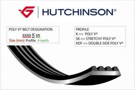 Ремінь генератора Fiat Doblo 1.4 05- (5PK1145) HUTCHINSON 1145 K 5 (фото 1)