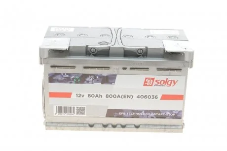 Стартерна батарея (акумулятор) 80Ah/800A (315x175x190/+R/B13) (Start-Stop EFB) SOLGY 406036