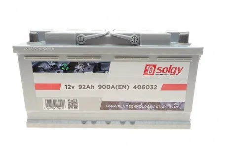 Аккумуляторная батарея 92Ah/900A (315x175x190/+R/B13) (Start-Stop AGM) SOLGY 406032