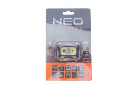 Налобний ліхтар з акумулятором USB 250 lm COB LED + датчик руху NEO TOOLS 99-073