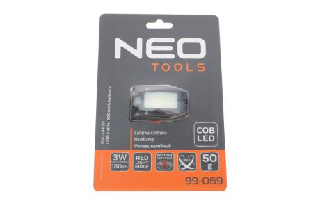 Налобний ліхтар з акумулятором USB 180 lm COB LED + датчик руху NEO TOOLS 99-069