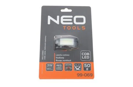 Налобний ліхтар з акумулятором USB 180 lm COB LED + датчик руху NEO TOOLS 99-069