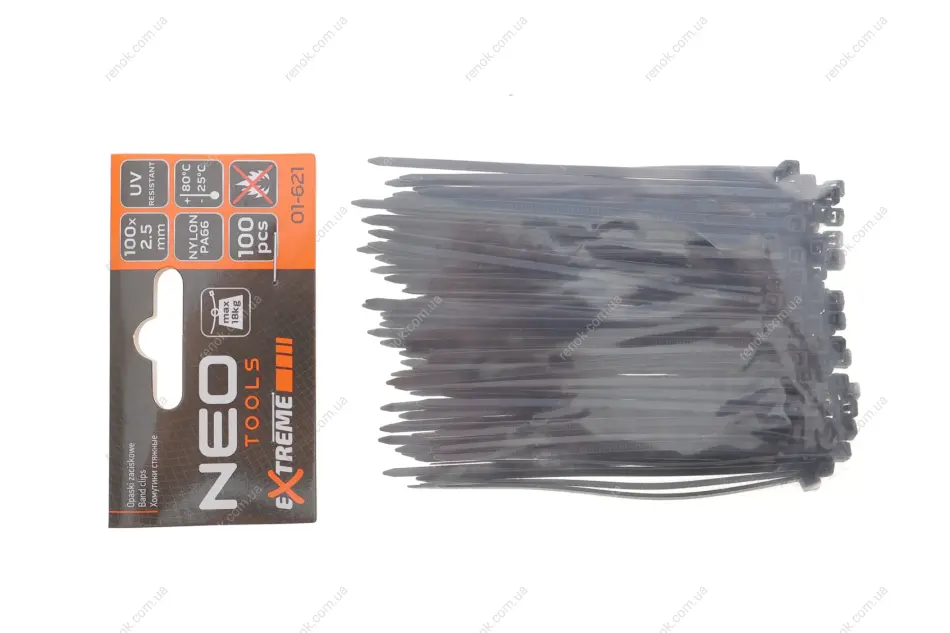 Набор стяжек пластиковых EXTREME 2,5x100 мм 100 ед. (черная) NEO TOOLS 01-621 (фото 1)