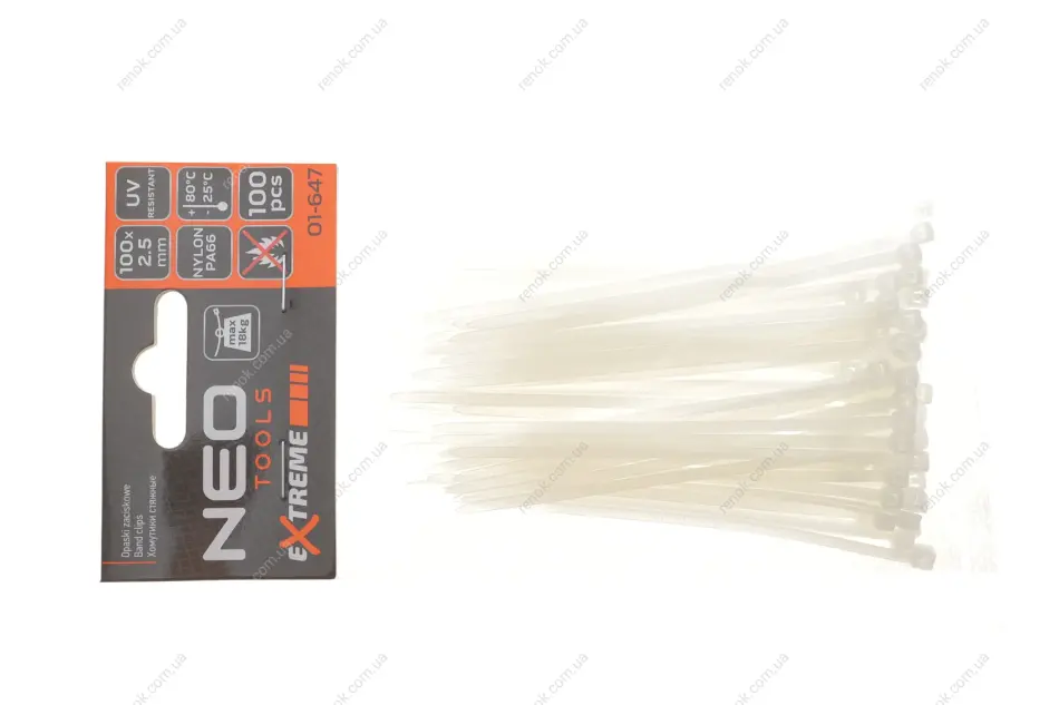 Стяжки кабельні EXTREME 2,5 × 100 мм, білі 100 шт. NEO TOOLS 01-647 (фото 1)