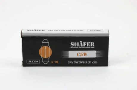 Лампа накалювання 24V 5W C5W SV8.5 (11x36) (картонна упаковка по 10шт) SHAFER SL2209