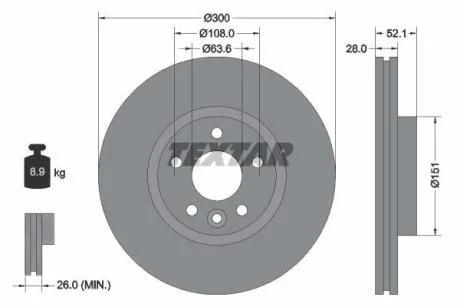 Диск гальмівний передн Лів/Прав (без маточини) VOLVO S60 II, S80 II, V60 I FORD MONDEO III 2.0D/2.4D 10.00-12.14 TEXTAR 92196903
