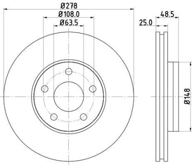 HELLA PRO HIGH CARBON FORD диск гальмівний передн. Focus, Focus C-Max 03- 1,6-1,8 03- (278*25) Hella pagid 8DD 355 129-361