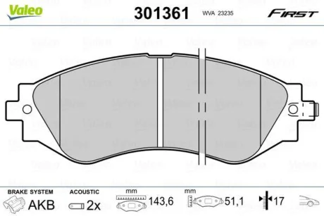 Колодки тормозные дисковые, комплект Valeo 301361