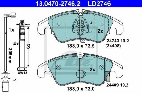 Комплект тормозных колодок, дисковый тормоз CERAMIC ATE 13.0470-2746.2