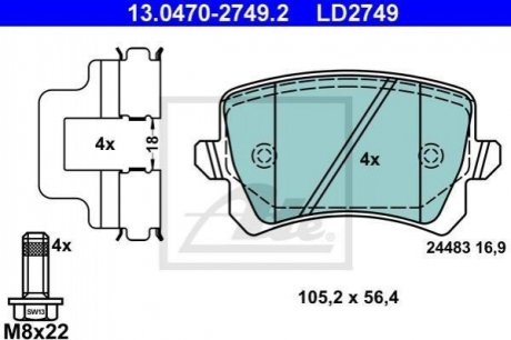 Комплект гальмівних колодок з 4 шт. дисків ATE 13.0470-2749.2 (фото 1)