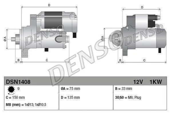 Стартер (12В, 1кВт, новий із заставою) HONDA CIVIC VII 2.0 09.01-09.05 DENSO DSN1408 (фото 1)