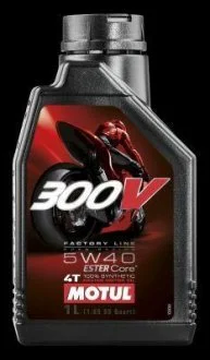 Олива для 4-х тактних двигунів 100% синтетична естерова 836011/300V 4T FACTORY LINE ROAD RACING SAE 5W40 (1L)/104112 MOTUL 836011 / 104112