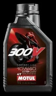 Олива для 4-х тактних двигунів 100% синтетична естерова 836111/300V 4T FACTORY LINE SAE ROAD RACING 10W40 (1L)/104118 MOTUL 836111 / 104118