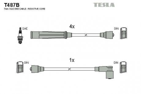 Кабель зажигания, к-кт Mitsubishi Galant 80-87 1,6;2,0 TESLA T487B