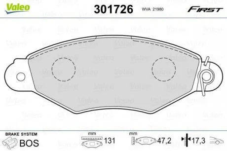 Комплект тормозных колодок, дисковый тормоз Valeo 301726