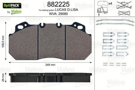 Комплект тормозных колодок, дисковый тормоз, RVI Magnum Premium 249x110x28 VL Valeo 882225