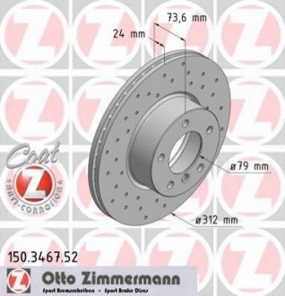 Диск тормозной (передний) BMW 3 (E90/E91/E93) 05-11/X1 (E84) 09-(312x24) (с покрытием) (с отверстиями) (вент) ZIMMERMANN 150.3467.52