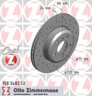 Диск тормозной (передний) BMW 5 (F10/F11) 10-(330x24) (с покрытием) (с отверстиями) (вентилированный) ZIMMERMANN 150.3482.52