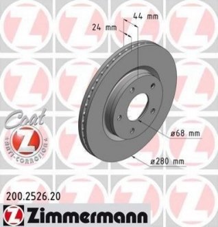 Диск тормозной (передний) Nissan Juke/Tiida 10-(280x24) (с покрытием) (вентилированный) ZIMMERMANN 200.2526.20