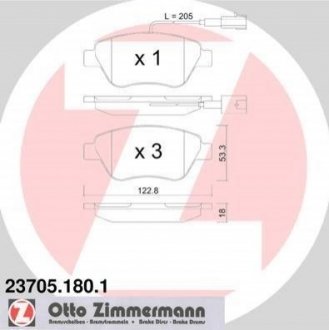 Колодки гальмівні (передні) Fiat Doblo/Citroen Nemo/Peugeot Bipper 08- (Bendix-Bosch) (з датчиком) ZIMMERMANN 23705.180.1