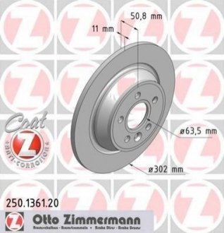 Диск тормозной (задний) Ford Focus/Galaxy/Kuga/Mondeo 08-/Range Rover 11-(302x11) (с покрытием) ZIMMERMANN 250.1361.20