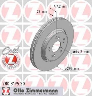 Диск тормозной (передний) Honda CR-V III-IV 2.0-2.2D-2.4 07-(293x28) (с покрытием) (вентилированный) ZIMMERMANN 280.3175.20