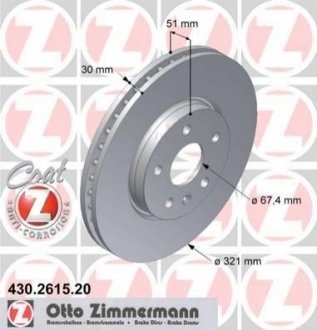 Диск тормозной (передний) Opel Insignia A 08- (321x30) (с покрытием) (вентилированный) ZIMMERMANN 430.2615.20