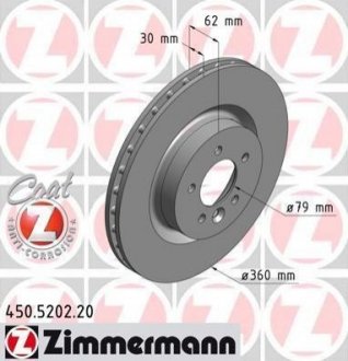 Диск тормозной (передний) Land Rover Discovery IV 09-/Range Rover Sport 09-13 (360x30)(с покр)(вент) ZIMMERMANN 450.5202.20