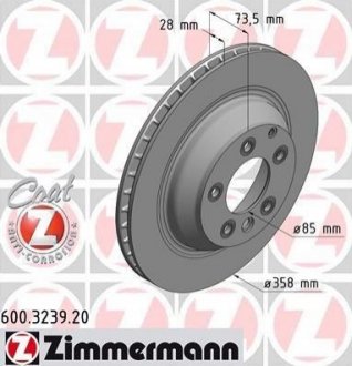 Диск тормозной (задний) Audi Q7 06-15/Porsche Cayenne/VW Touareg 03-10 (358x28)(с покрытием)(вент.) ZIMMERMANN 600.3239.20 (фото 1)